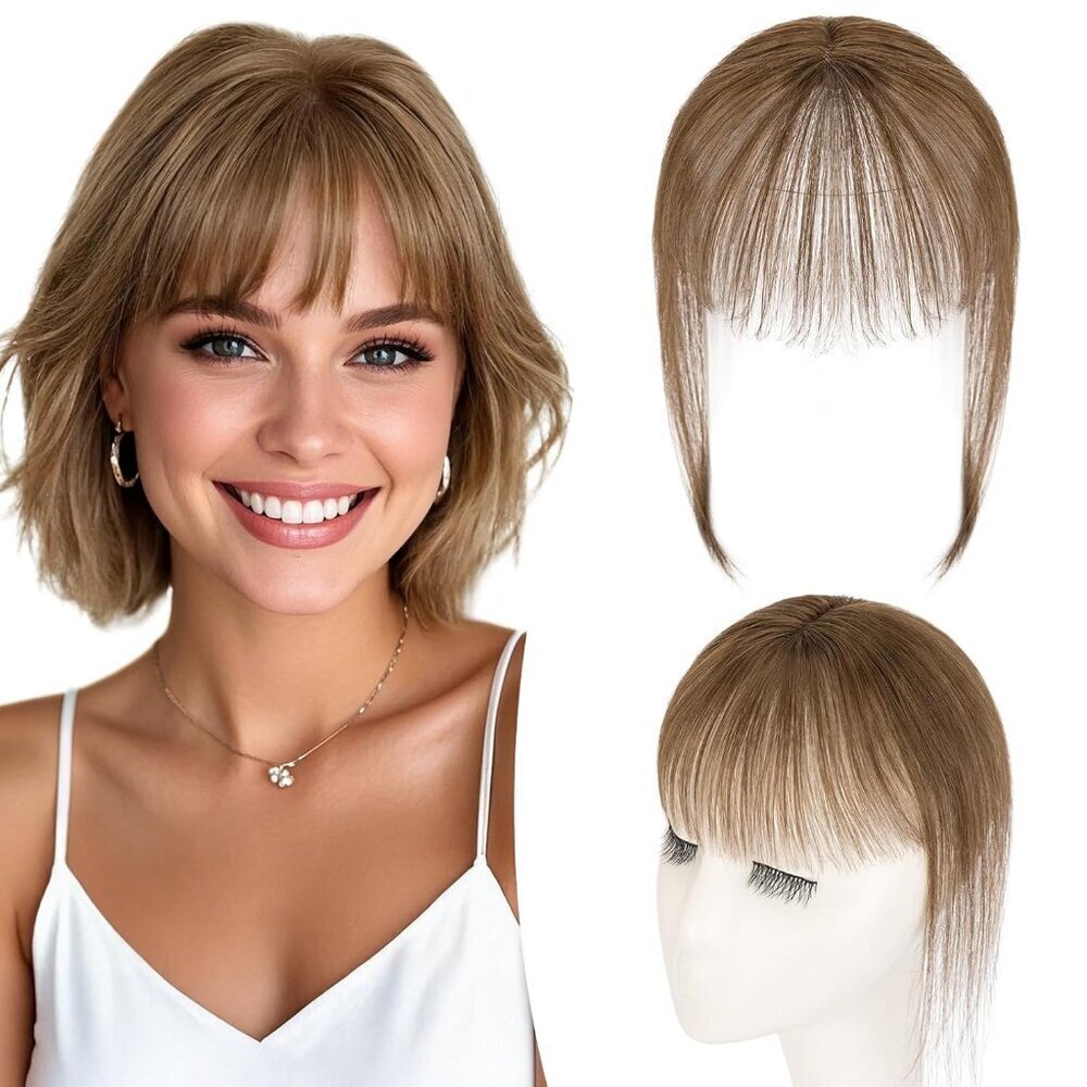Human Hair Clip in Bangs Natural Look 10 Inch Wispy Medium Brown